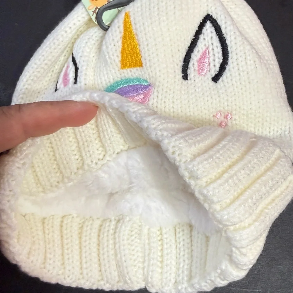 Unicorn Knit Beanie with Pom Pom - White